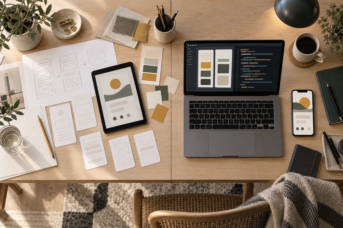Et lyst designbord viser håndtegnede appskisser og fargeprøver ved siden av en bærbar med abstrakte kodefelt og en mobilapp.