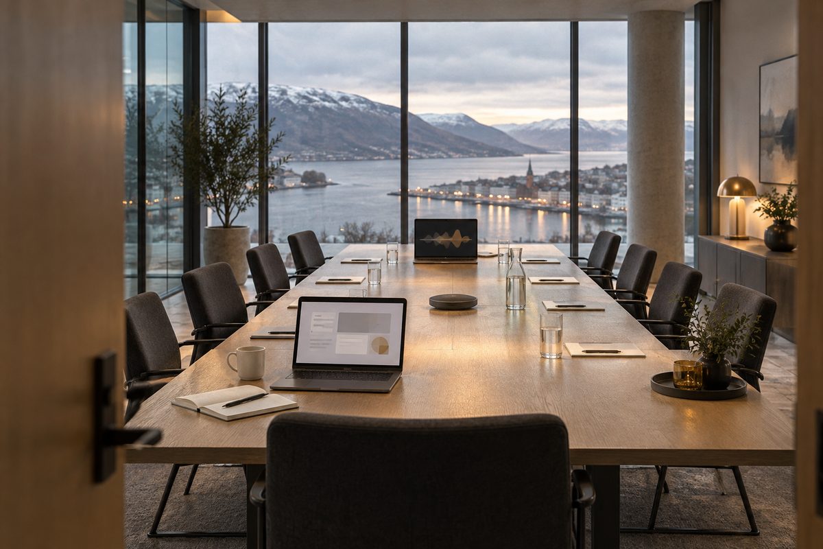 Et tomt møterom med langbord og to bærbare skjermer med abstrakte lyd- og oppsummeringsfelt vender mot en norsk fjordby.