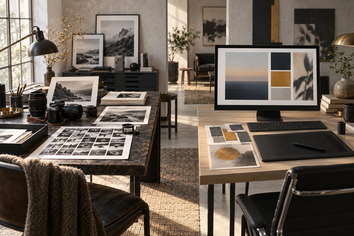 To arbeidsbord viser en fotografisk bildearbeidsflyt med kamera og prøveark ved siden av en digital designpult med fargeflater.