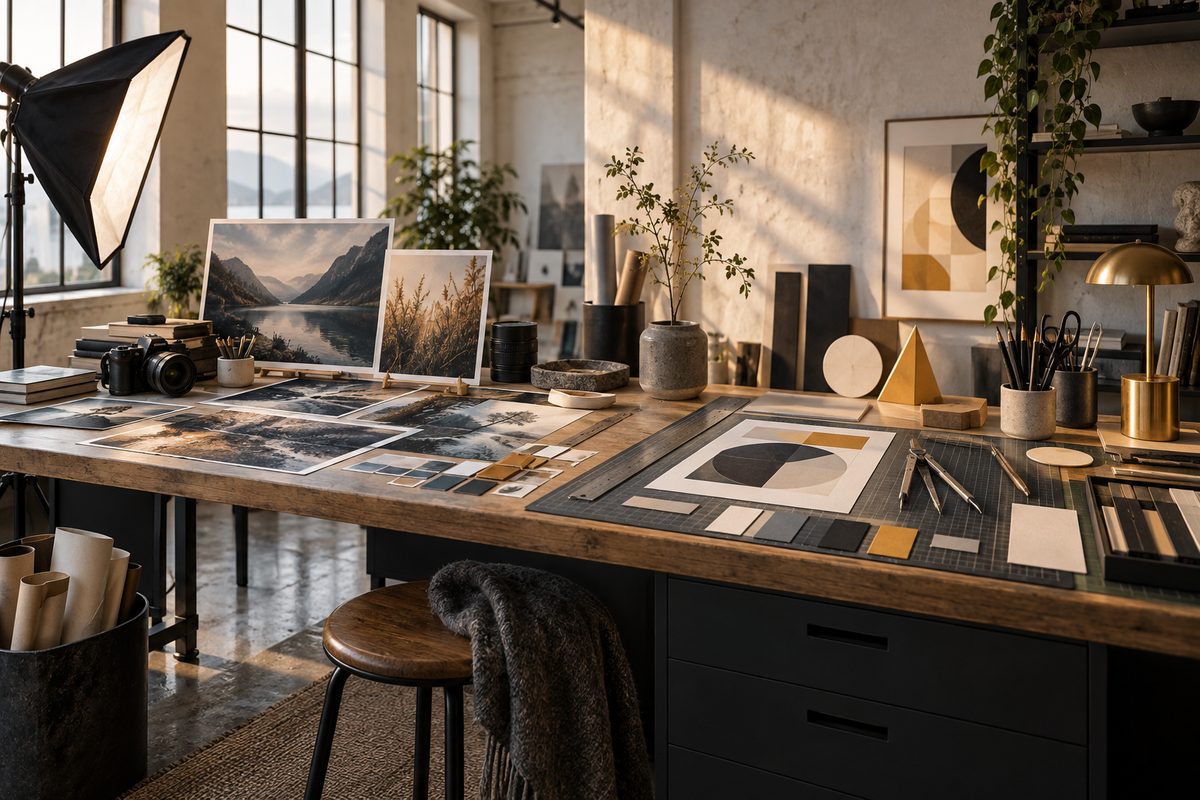 Langs en nordisk arbeidsbenk møter fotografiske prøvebilder kamera og lysutstyr et presist oppsett med linjaler, geometriske former og fargeprøver.