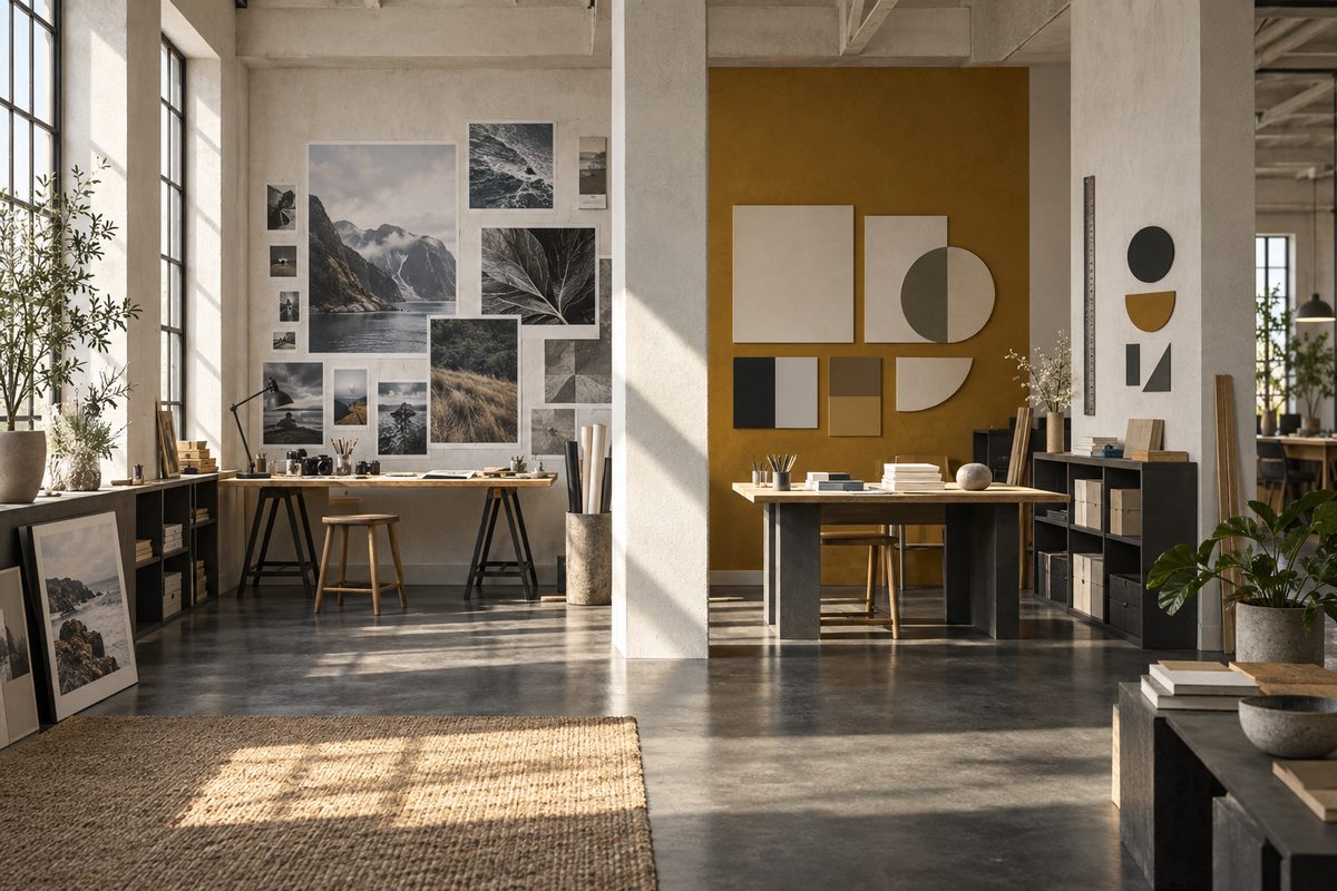 Et nordisk designstudio deler seg i to rom: venstre vegg viser fotografiske studier, mens høyre side viser et stramt system av former og fargepaneler.