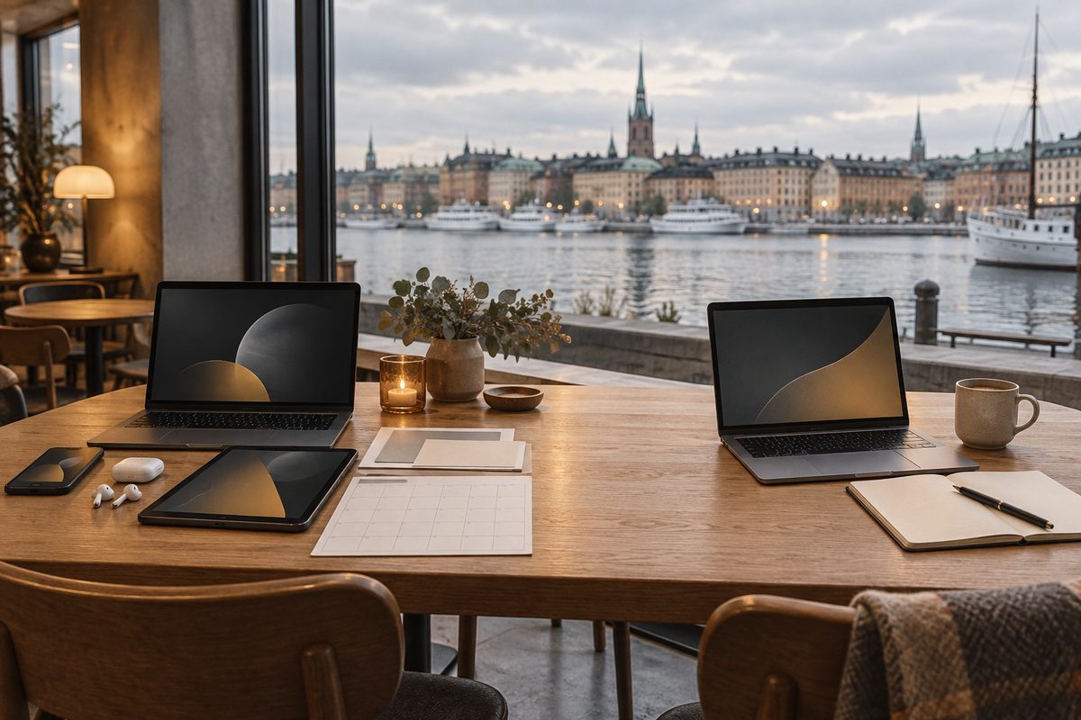 Ved et vindu mot havna står laptop, nettbrett og telefon med ørepropper på den ene siden, og laptop med notatbok på den andre.
