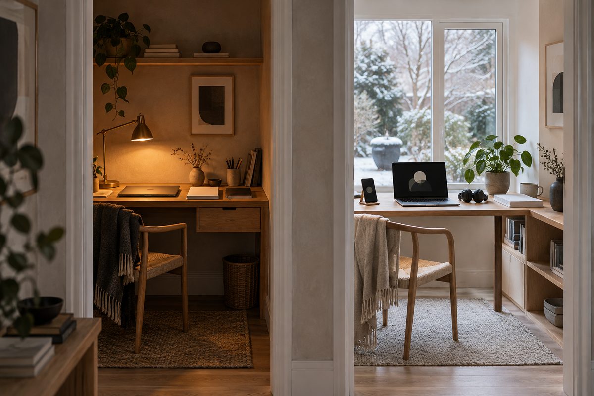 Et hjemmekontor er delt i to rom: et mørkt skrivehjørne med skrivebordslampe og et lyst vindushjørne med laptop, telefon og hodetelefoner.