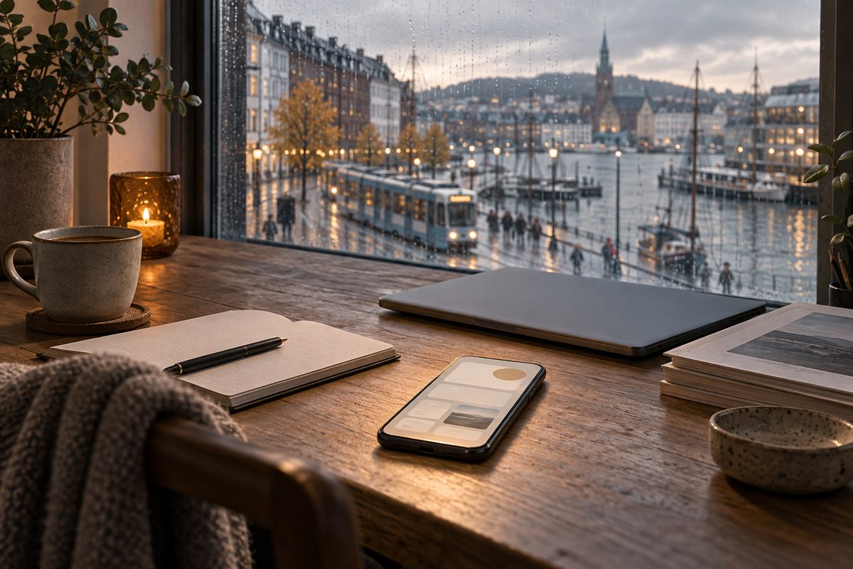 En mobil med en abstrakt strøm av innhold ligger ved notater på et skrivebord, mens en regnblank bygate skimtes utenfor.