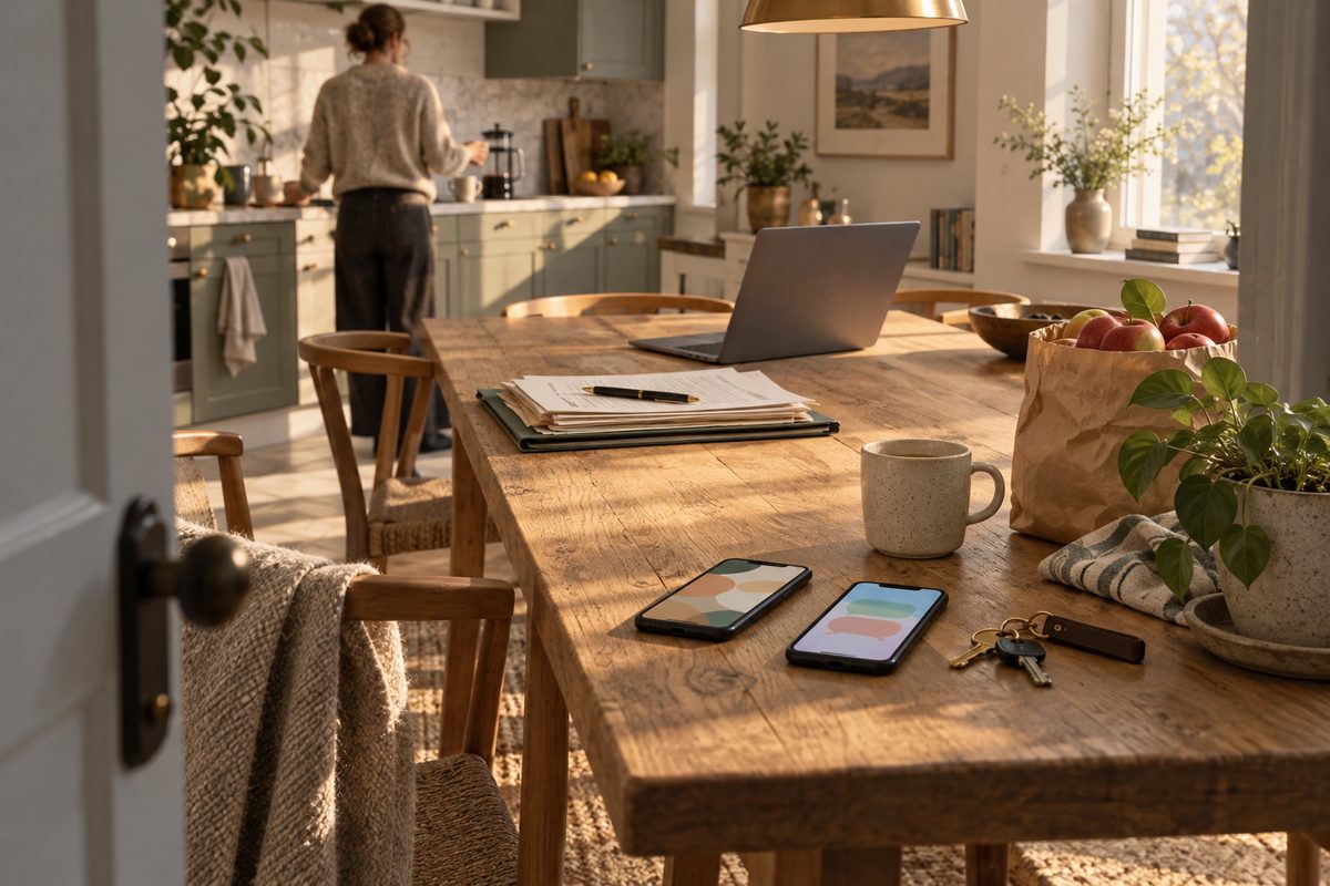 På kjøkkenbordet ligger to mobiler ved siden av nøkler, epler og en kaffekopp, mens laptop og dokumentmappe står lenger inn.