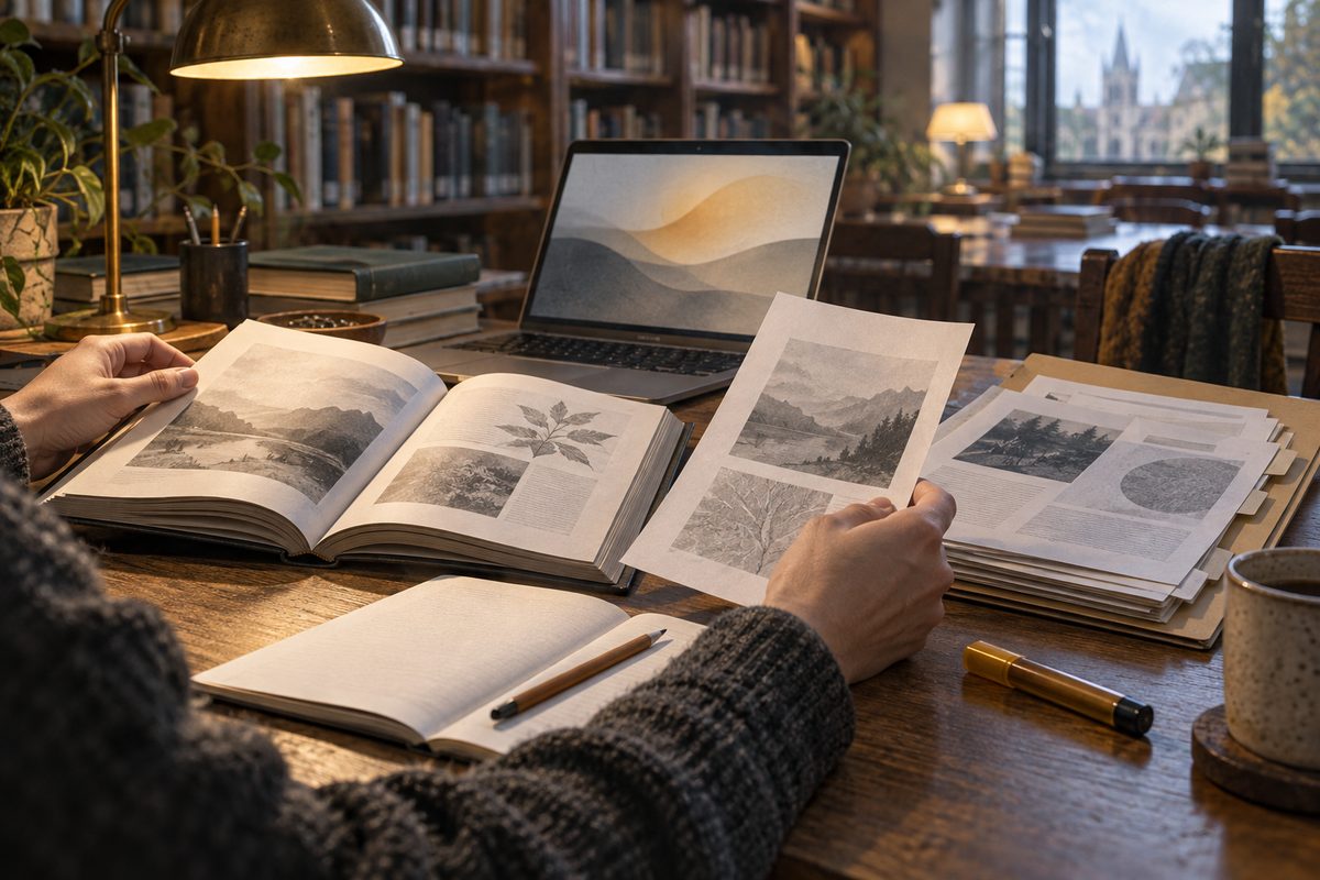 Hender blar gjennom en illustrert bok ved en ordnet bunke kildesider, med notatbok, penn og åpen laptop på lesebordet.