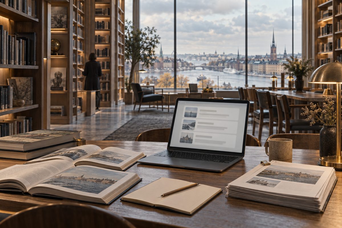 I et nordisk bibliotek står en laptop med abstrakte søkeresultater mellom åpne bøker, kildesider og notater, med byen bak vinduet.