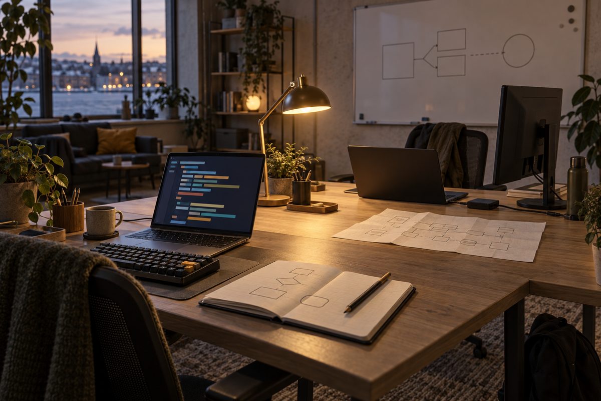 To utviklerplasser deler arbeidsbenk med bærbare PC-er, mekanisk tastatur, en skissebok og flytdiagrammer på tavlen.