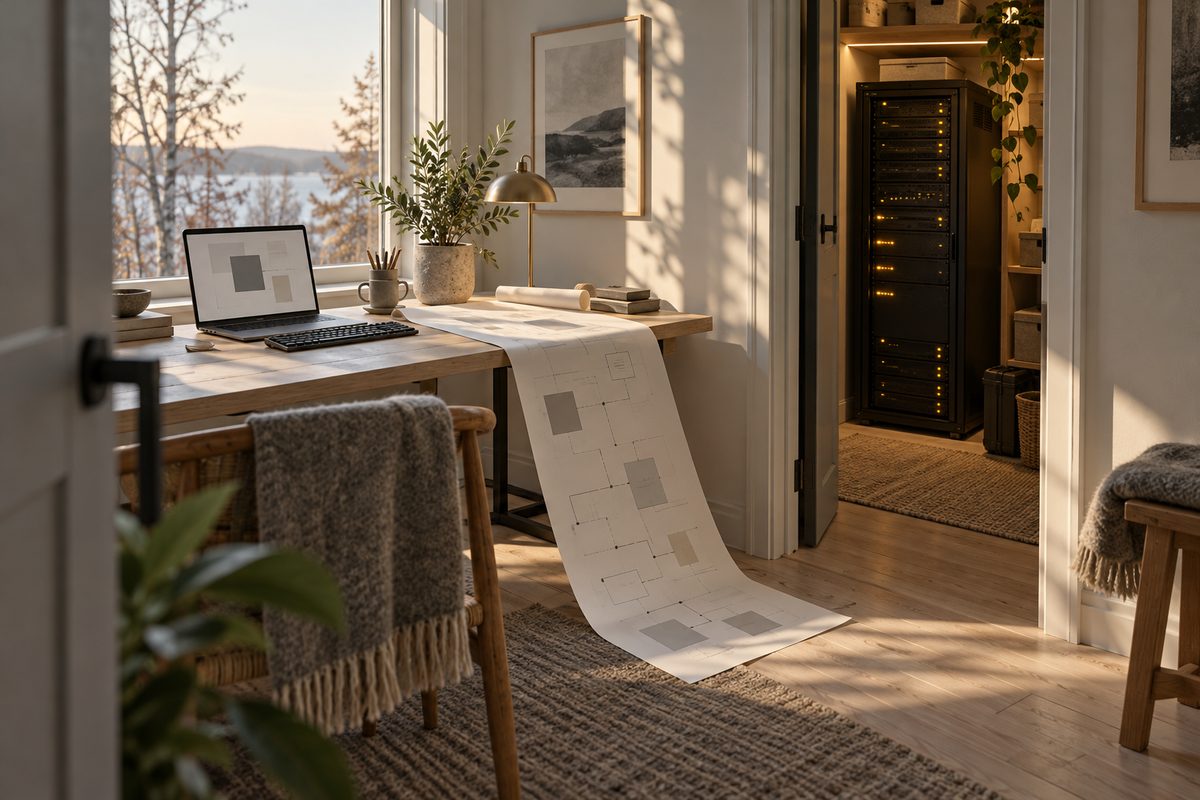 I et lyst hjemmekontor går en lang papirskisse fra skrivebordet mot et lite rom med et svart serverskap.