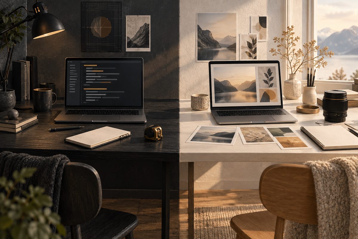 To arbeidsplasser står side om side: et mørkt skrivebord med abstrakt kode og et lyst bord med bilder, linse og naturutsikt.