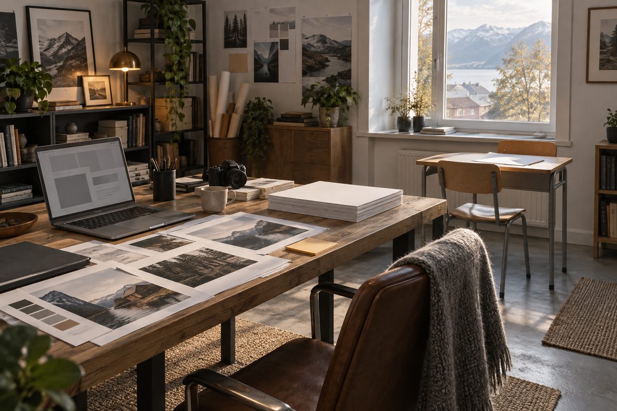 Korrekturark og laptop fyller bordet i et innholdsstudio, mens en enkel skolepult med blankt essayark står ved vinduet.