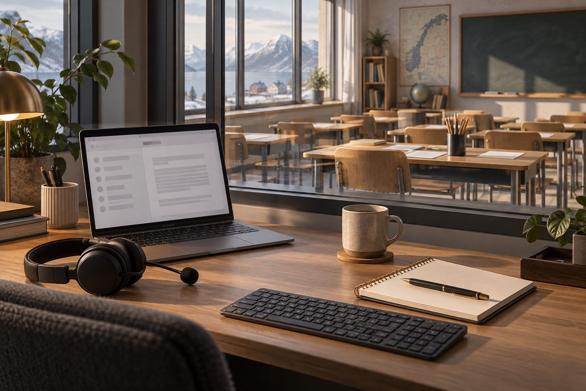 Et kundeservicebord med headset, laptop og notatblokk står foran et tomt klasserom med trepulter og blanke arbeidsark.