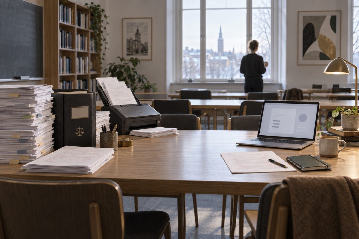 Bunker med elevoppgaver og en dokumentskanner står ved siden av lærerens bærbare PC og notatbok i et lyst klasserom.