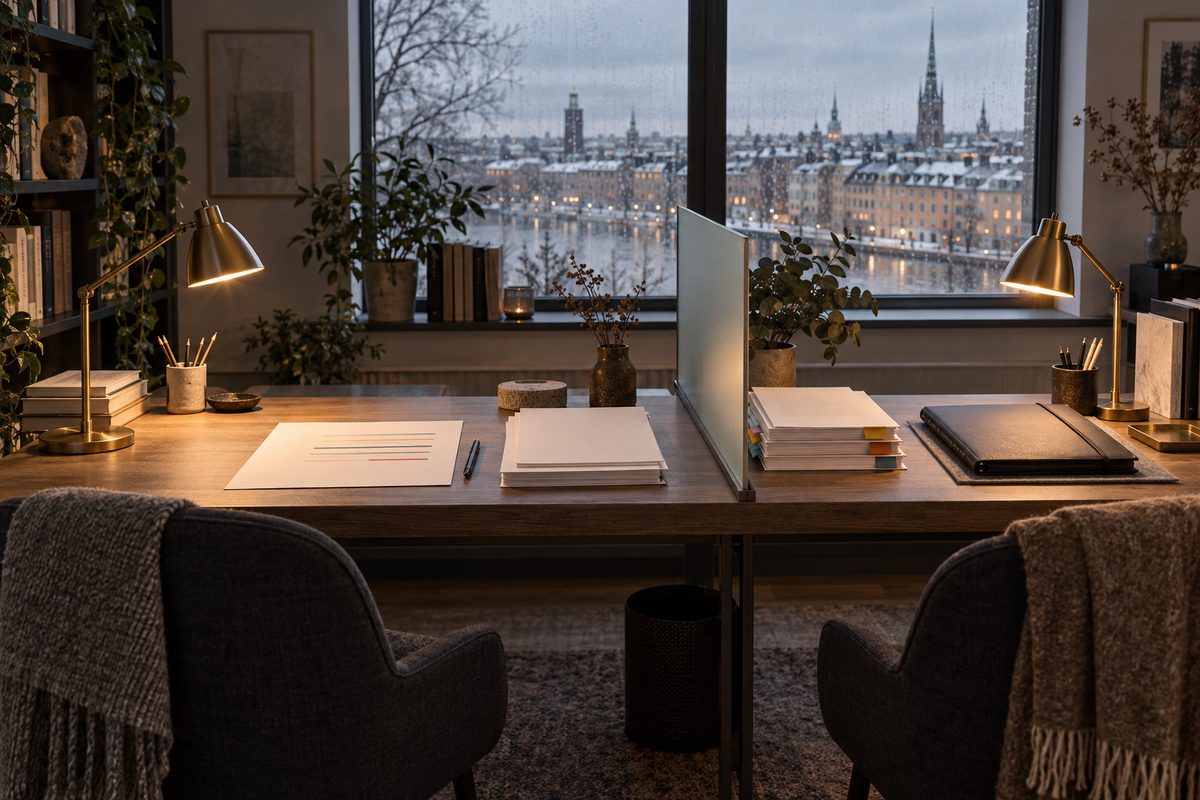 To skriveplasser står ved et stort byvindu, med korrekturark, fargede faner og en lukket dokumentmappe på bordet.