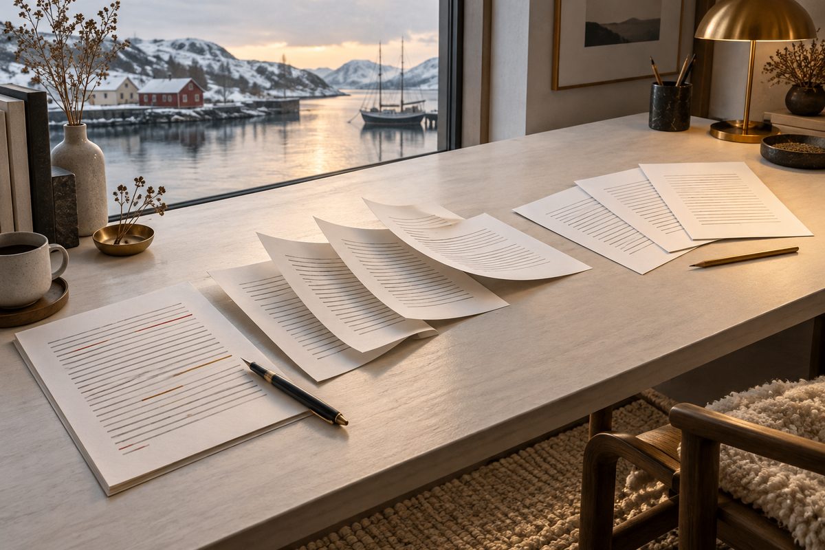 Korrekturmerkede ark går i en diagonal linje over skrivebordet mot rene manusutgaver ved et vindu med fjordutsikt.