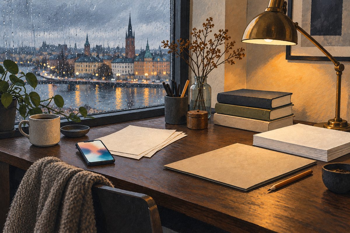 En skrivepult ved regnvått byvindu har en telefon med uklare farger, blanke ark og en bunke lukkede bøker i lampelys.