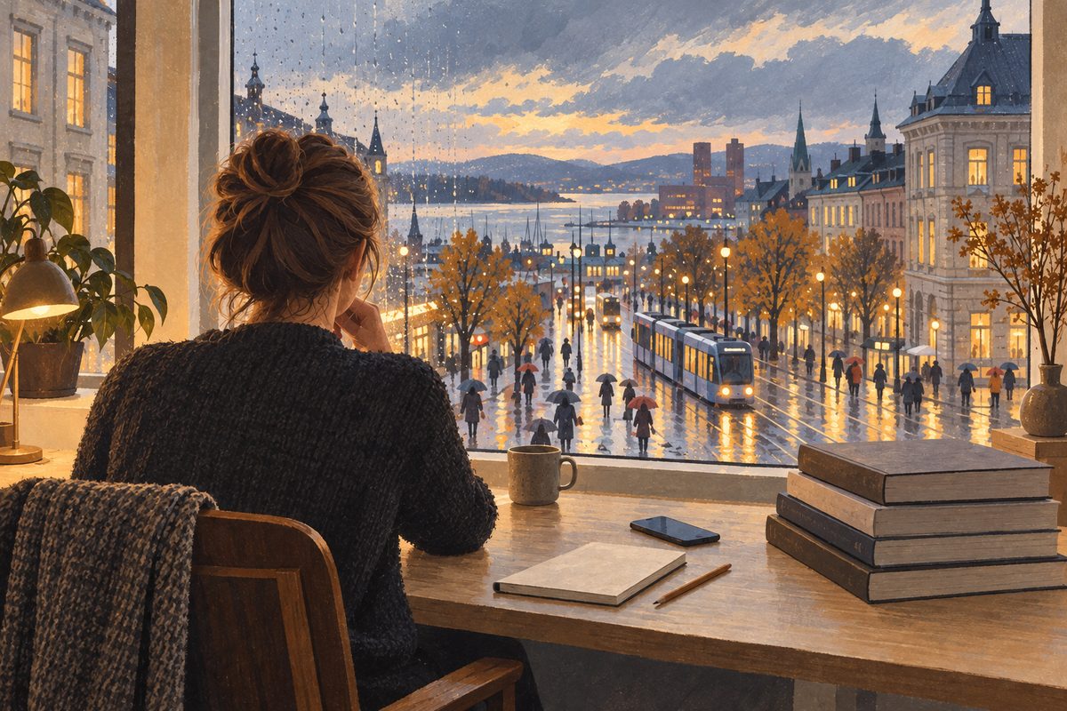 En person sett bakfra sitter ved skrivebordet med notatbok og bokstabler mens trikken passerer regnvåte bygater utenfor.