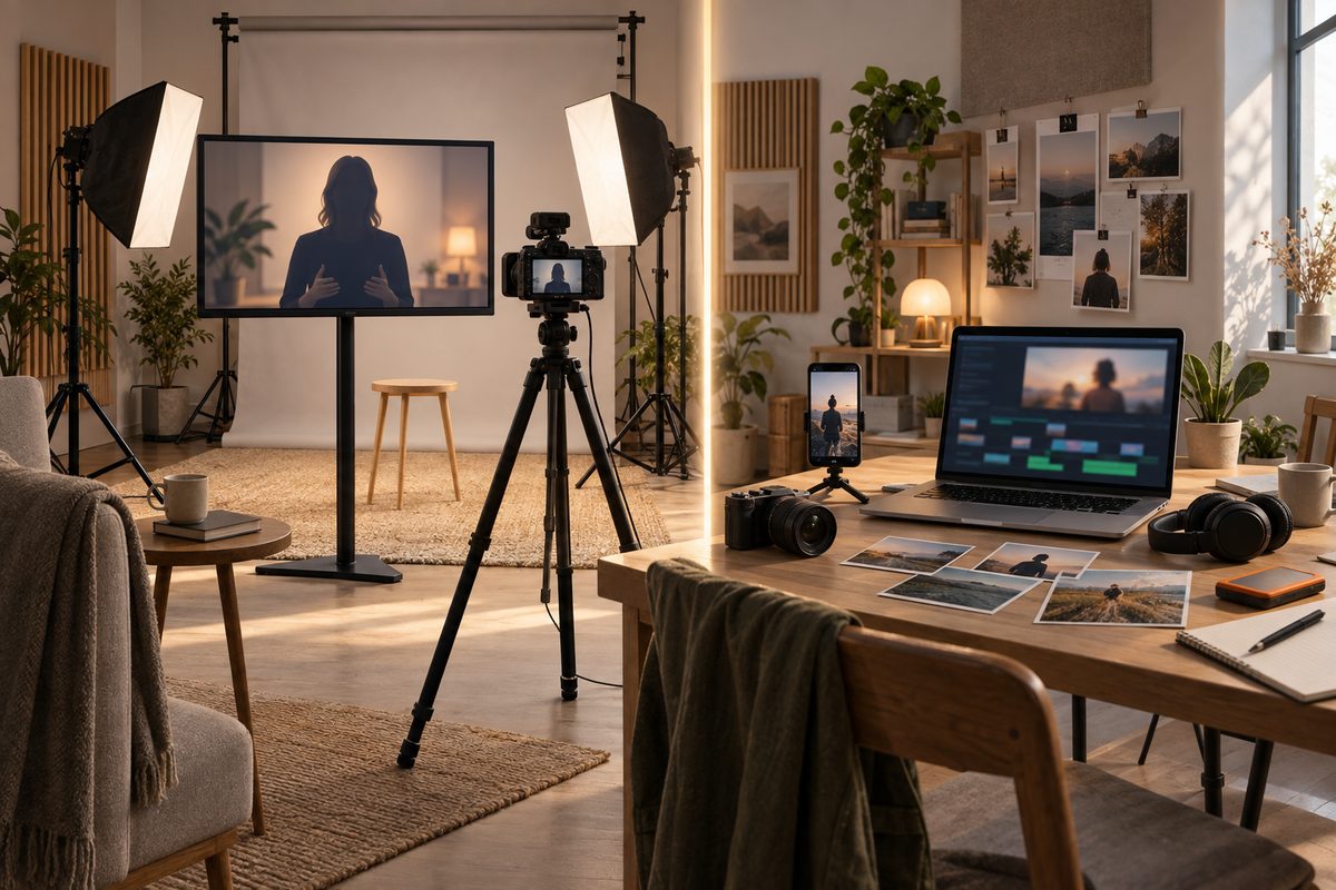 Lite opptaksstudio med avatar på skjerm står mot en uformell redigeringsplass med kamera, mobil og hodetelefoner.