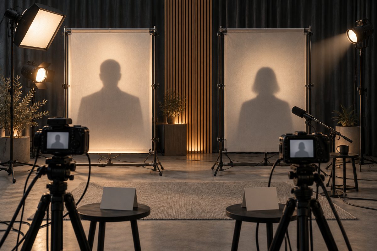 To anonyme avatar-silhuetter står i hver sin studioinnramming med kameraer, mikrofoner og ulik lyssetting.