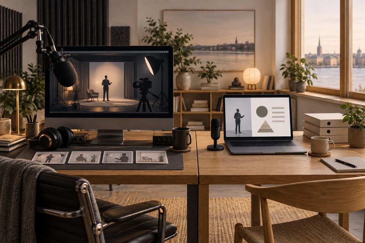 To arbeidsplasser side om side med presentatører på skjermene, en stor studiomikrofon og et enklere oppsett med bærbar PC.