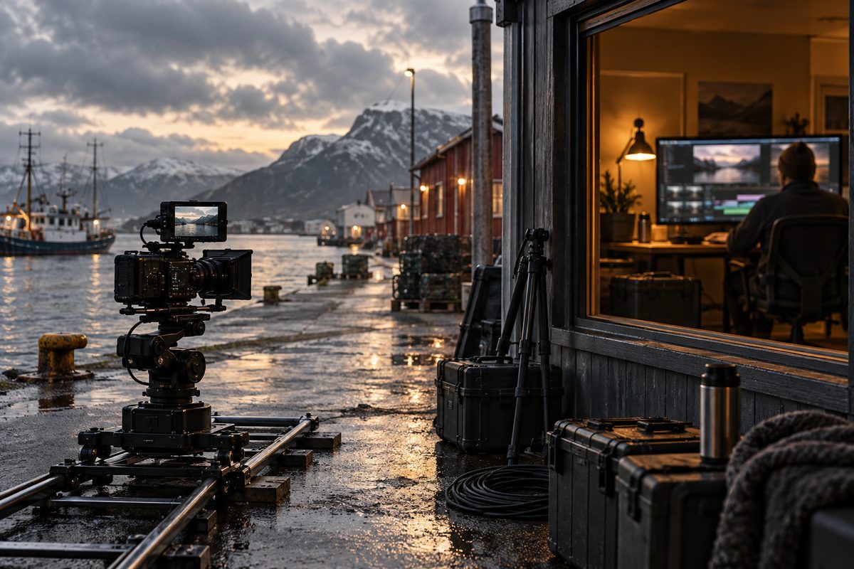 Ved en nordisk havn står et bevegelig filmkamera ute, mens en anonym redigeringsplass lyser varmt i bakgrunnen.