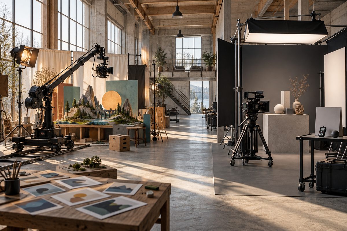 Et lyst nordisk studio viser en fri filmscene med miniatyrer mot et kontrollert opptak med kamera, lysmåler og stilleben.