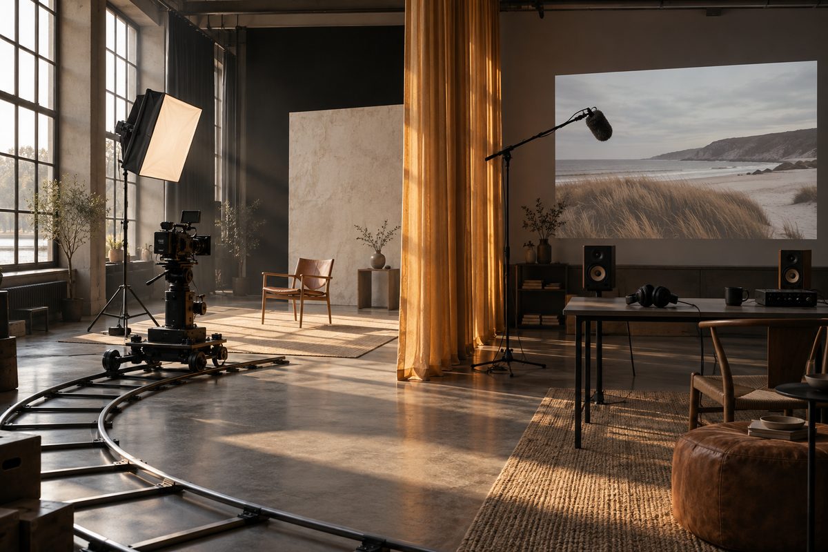 Et filmstudio med kamera på buede skinner til venstre og mikrofon, hodetelefoner og en strandprojeksjon til høyre.