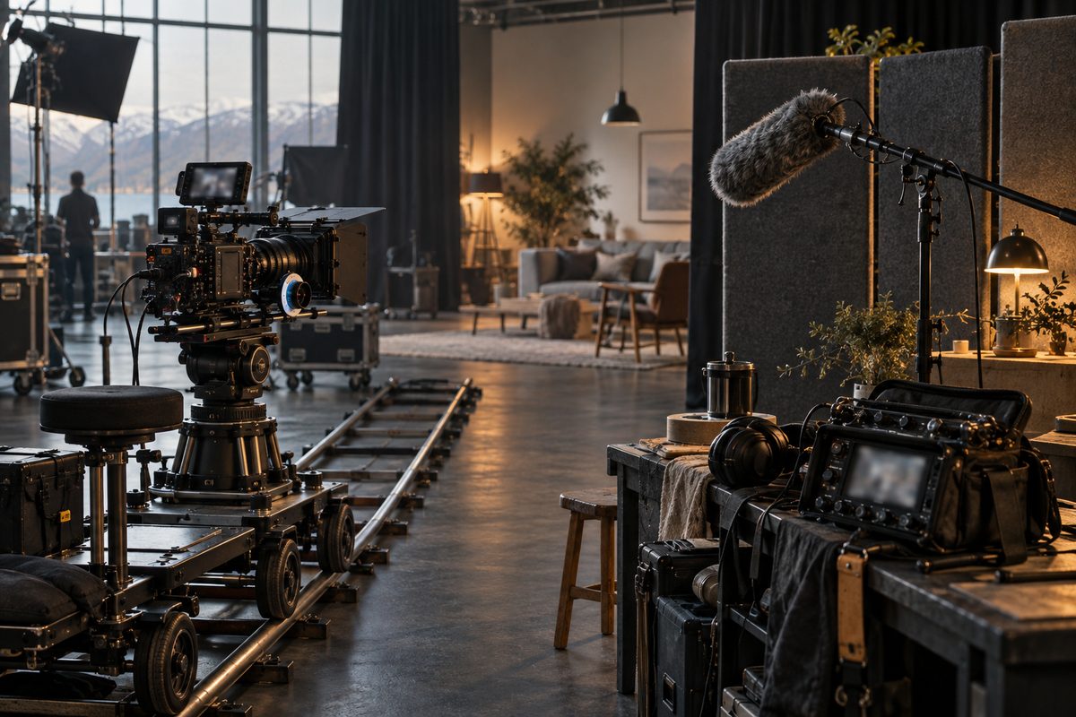 Kamerarigg på skinner står mot et lydopptak med bommikrofon i et nordisk filmstudio, med fjellandskap synlig gjennom vinduene.