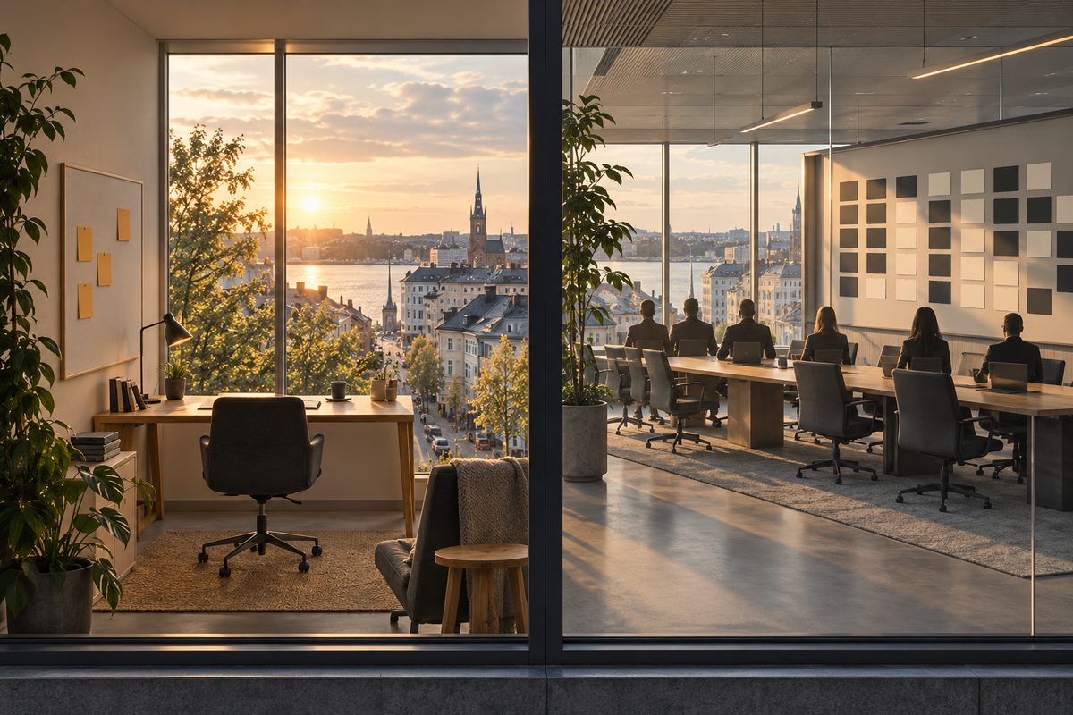 Et lite bykontor med én arbeidsplass står ved siden av et større møterom med langbord og ansatte som silhuetter.