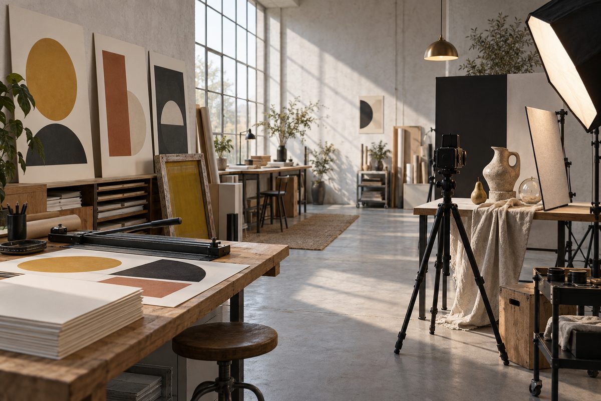 Grafiske plakater med abstrakte former står mot et detaljert fotostudio med kamera, keramikk og mykt lys.