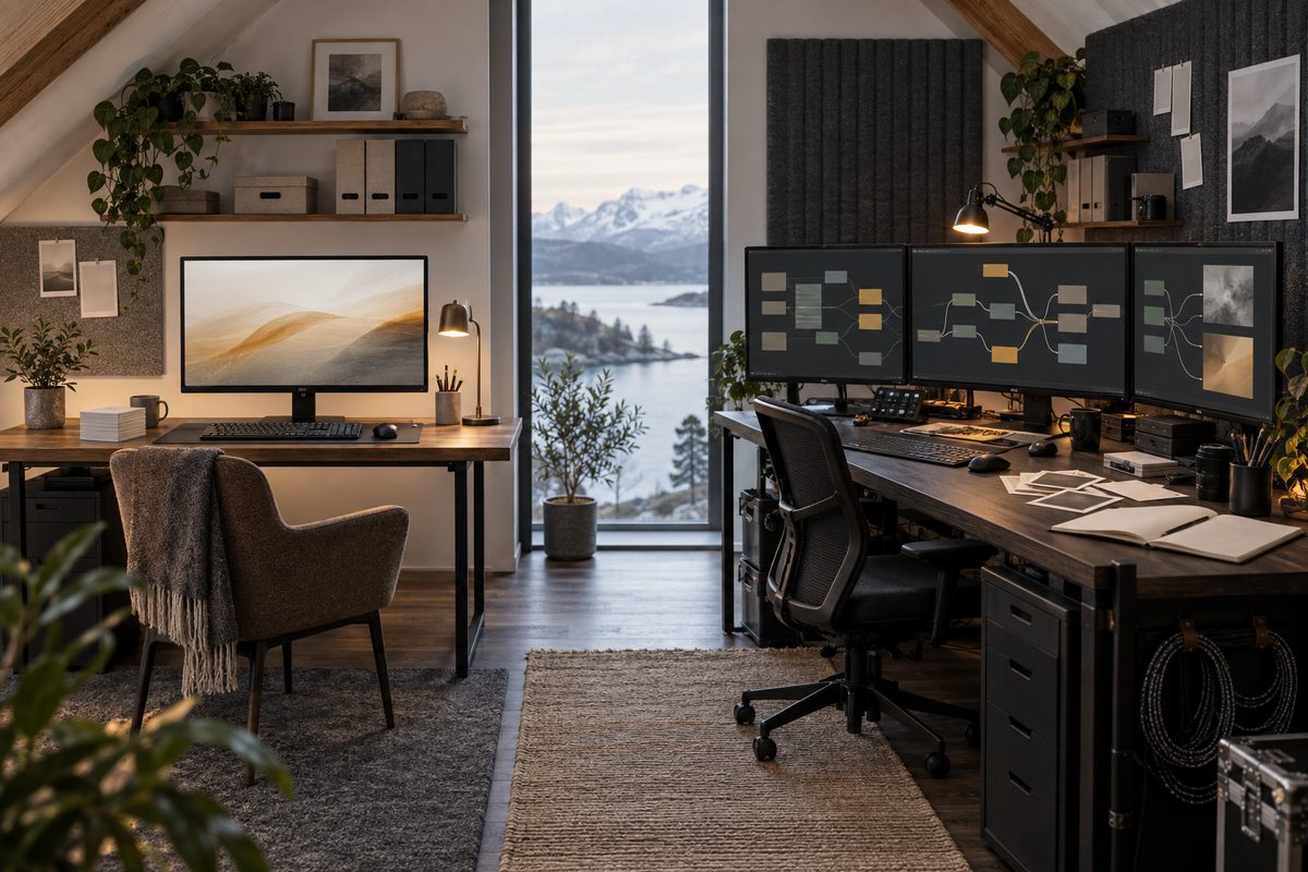 En nordisk loftstue viser en enkel bildearbeidsplass mot et teknisk oppsett med flere skjermer og abstrakte nodeforbindelser.
