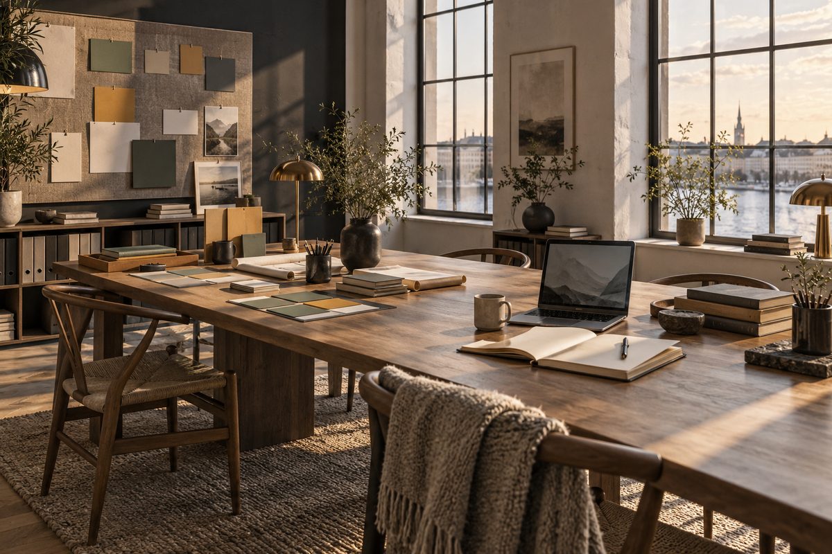 Et lyst nordisk skrivekontor har et kampanjebrett med fargekort, lang arbeidsbenk og åpen laptop ved vinduene.