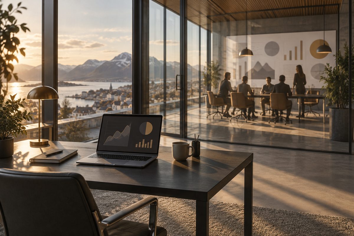 Et stille enkeltkontor vender mot et glassmøterom der kolleger deler grafer, med fjord og fjell synlig gjennom vinduene.