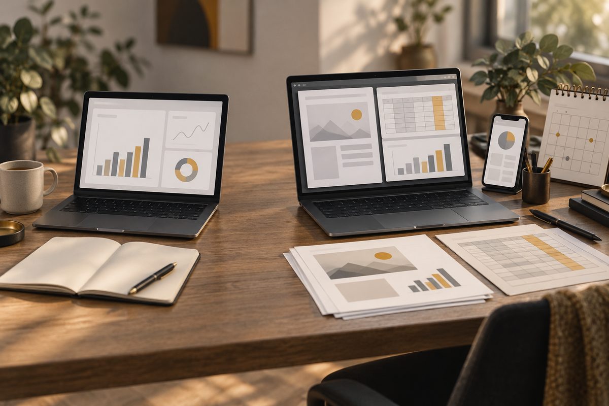 En enkel analysevisning på én laptop står ved siden av flere skjermer, kalenderark og rapporter i en samlet kontorarbeidsflate.