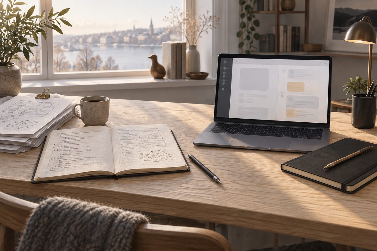 To nordiske arbeidsbord viser ulike arbeidsmåter med notatbok, blyant og laptop i mykt morgenlys.