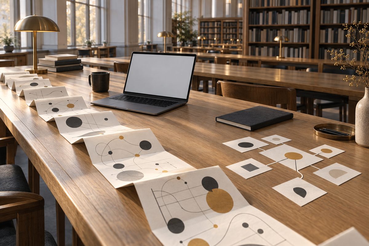 En lang papirremse med abstrakte diagrammer slynger seg over et bibliotekbord mot en bærbar PC og små kort.
