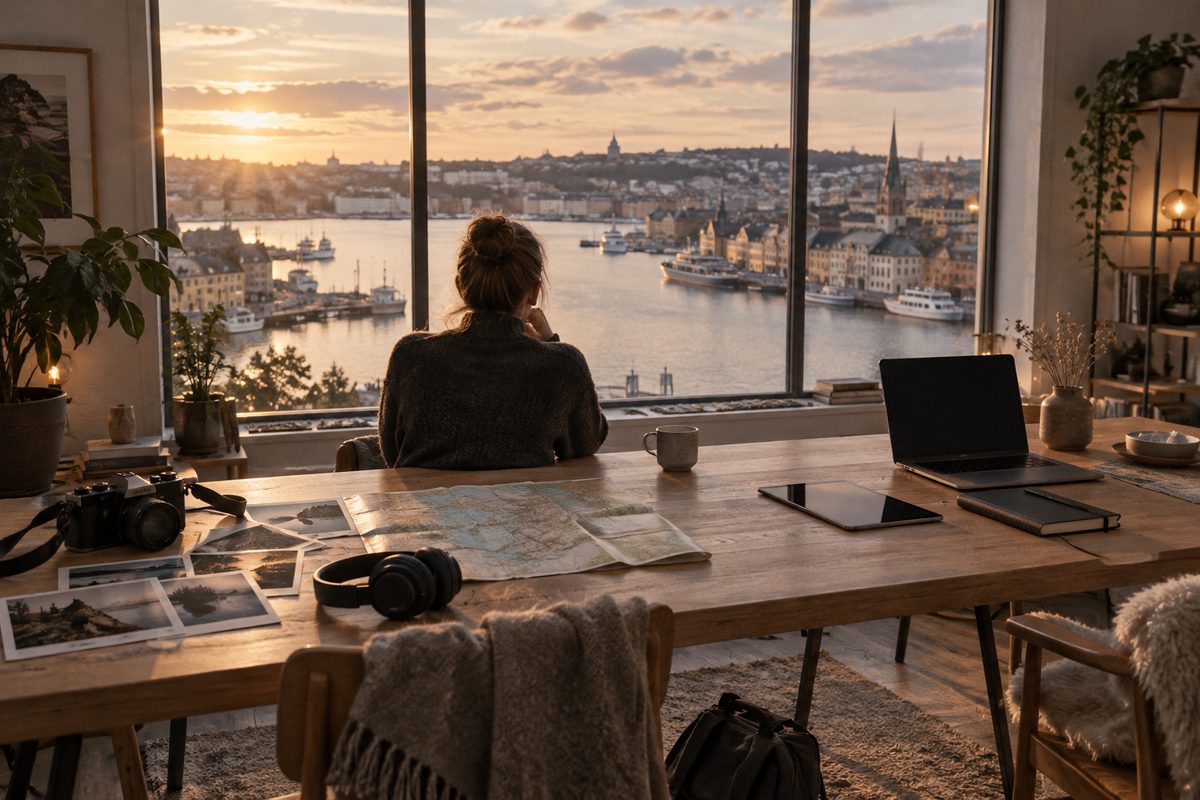 En person sett bakfra sitter ved et bord med kamera, bilder og hodetelefoner, foran et vindu mot en norsk havneby.