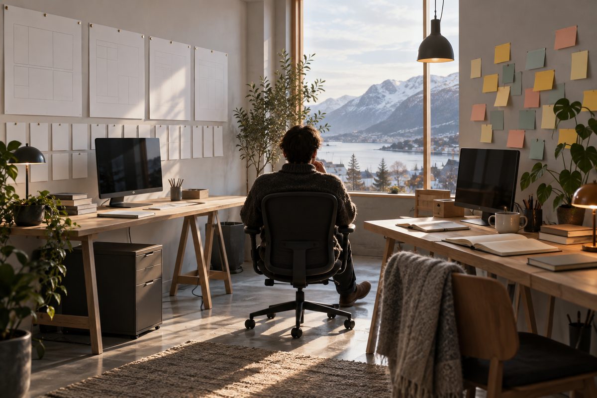 En utvikler sett bakfra sitter mellom to pulter, med ordnede plansjer på den ene veggen og løse fargede kort på den andre.