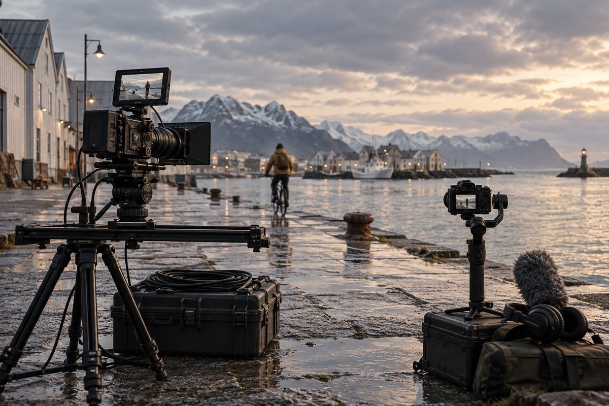 Et stort filmkamera og et kompakt kamera med mikrofon står på en våt kai mens en syklist passerer foran havn og fjell.