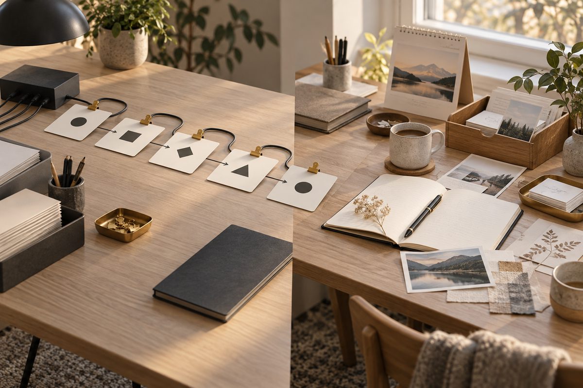 På et lyst trebord står en kjede med symbolkort og kabler ved siden av en åpen notatbok, kalender, kaffekopp og brevboks.