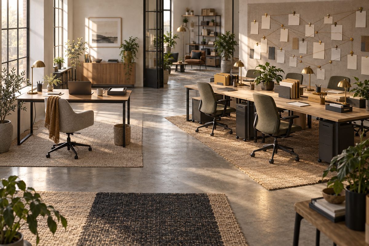 Et lyst kontor viser en liten personlig arbeidsplass ved siden av flere pulter og et veggfelt med sammenkoblede kort.