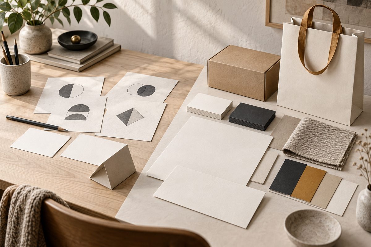 Et nordisk designbord viser abstrakte logomerker på papir ved siden av blanke kort, emballasje, tekstiler og samstemte fargeprøver.