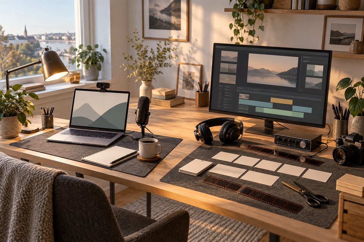 En nordisk hjemmearbeidsplass viser et enkelt opptakssett med mikrofon og webkamera ved siden av en redigeringsplass med hodetelefoner og filmstrimler.