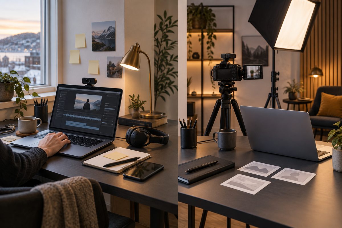 Delt arbeidsbord viser en rask laptopbasert videohverdag ved siden av et ryddig studio med kamera, softbox og redigeringsutstyr.
