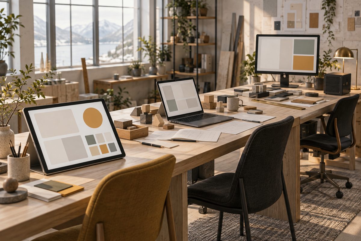Tre arbeidsstasjoner langs et langt trebord viser skjermer med abstrakte appflater, skisser, fargeprøver og modulære deler.