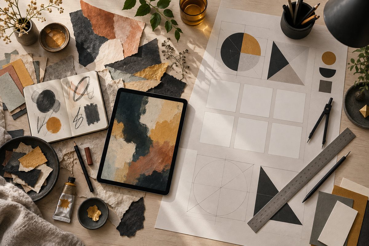 Rett ovenfra vises et kreativt designbord med collage og fargeprøver ved siden av presise geometriske skisser, linjal og passer.
