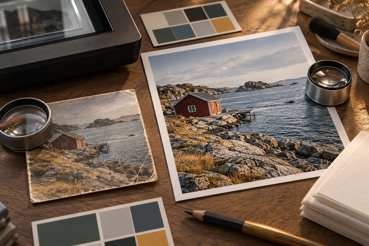 En slitt kystfoto med støy ligger ved siden av en større, skarp utskrift med lupe, skanner og fargeprøver på et nordisk arbeidsbord.