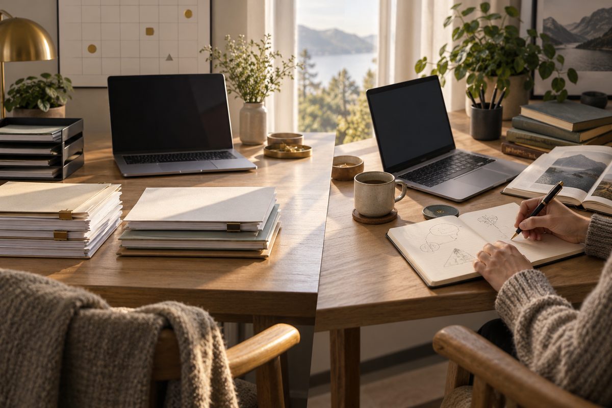 Et delt hjemmekontor viser ferdig sorterte papirer ved en laptop og hender som arbeider i en notatbok ved en annen.