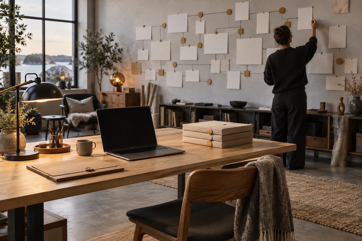 Et studio viser en ryddig arbeidsplass i forgrunnen og en person bakfra som organiserer blanke kort på en stor vegg.