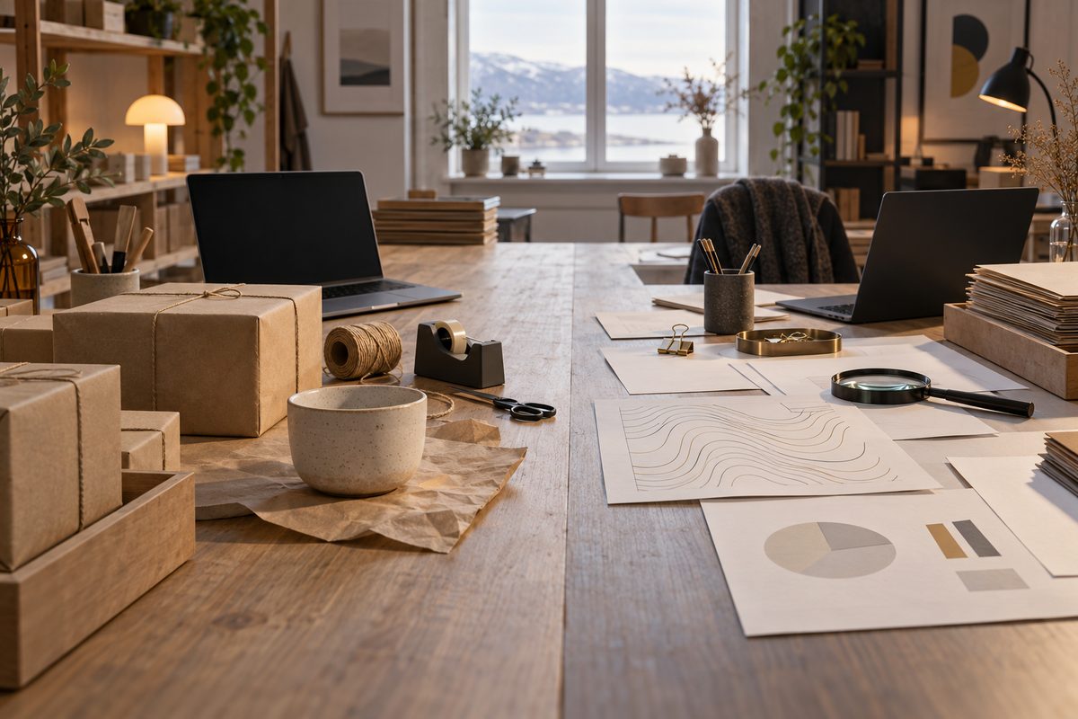 En lang arbeidsbenk viser pakkede esker ved den ene laptopen og blanke diagramark og en lupe ved den andre.
